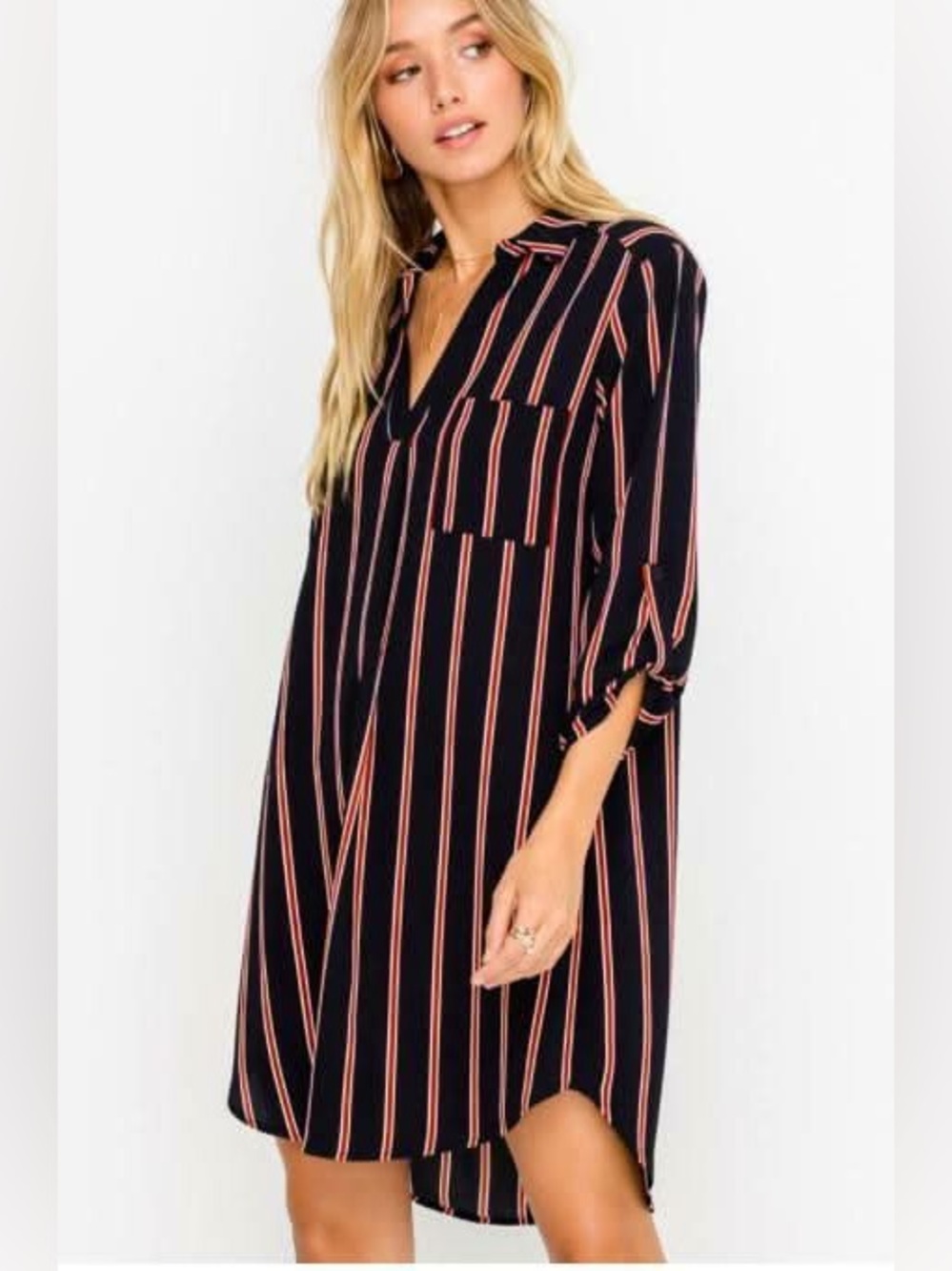 Lush NWT Striped V-Neck Shift Dress in Navy with Pink Stripes